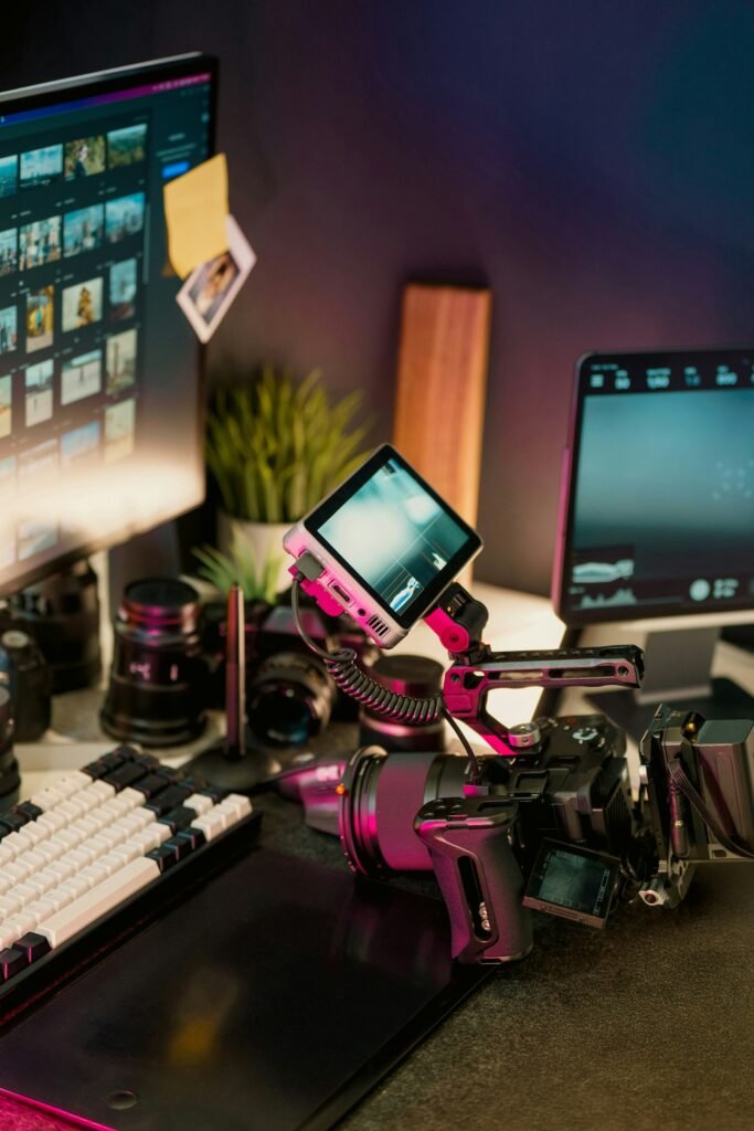Filmmaker workstation with camera equipment, lenses and editing monitors
