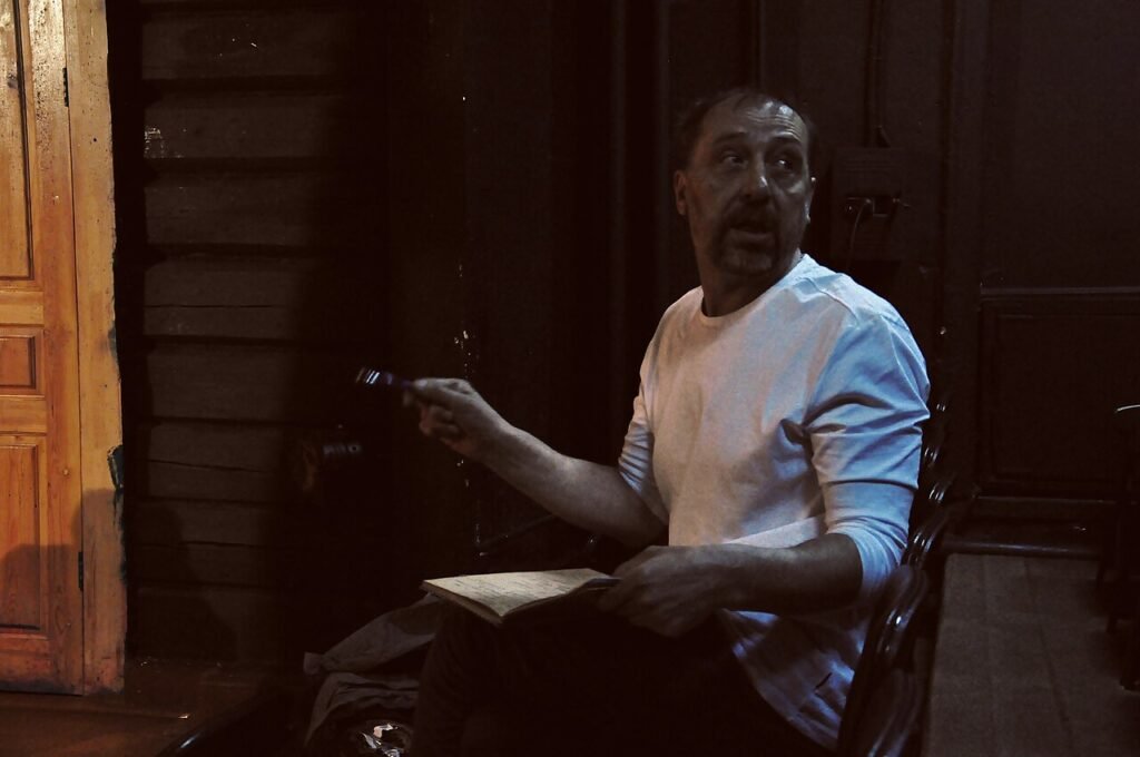 Theatre actors rehearsing a performance